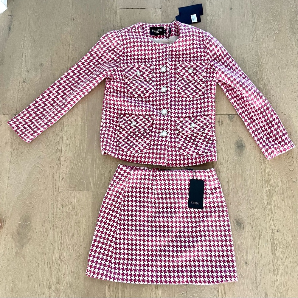 New Fleur Pink and White Houndstooth Skirt & Suit Set